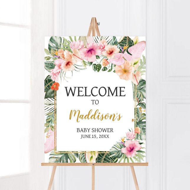 Välkomstskylt för tropisk Blommigt Aloha Poster (Girl Hawaiian Baby Shower Welcome Sign)