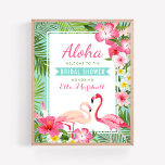 Välkomstskylt för Tropisk Rosa Flamingo Möhippa Poster<br><div class="desc">Välkomstskylt/poster för möhippa i bröllop har två söt rosa flamingos med en lush ram av grönt handflatan löv och tropiska hibiscus-blommor i nyans av shock rosa, solljus gult och vitt. Snyggt Aloha-text med vattenblå banderoll kan vara fullt personlig för din händelse och briden till:s namn. Bakgrunden till färg är sjöcellblått/grönt....</div>