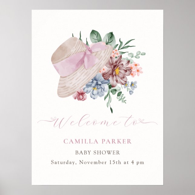 Välkomstskylt för vår Girl Garden Hat Baby Shower Poster (Framsidan)