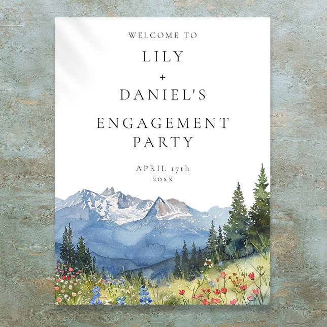 Välkomstskylt för vattenfärg-bergsbröllopsfest poster (Watercolor Mountain Engagement Party Welcome Sign)