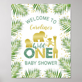 Välkomstskylt för vild ett Guld Safari Baby Shower Poster