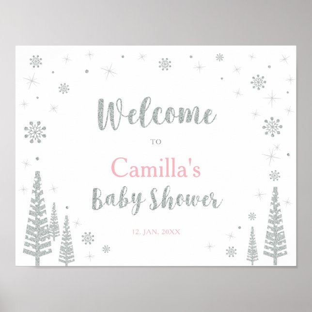 Välkomstskylt för vinter-baby shower, flicka, rosa poster (Framsidan)