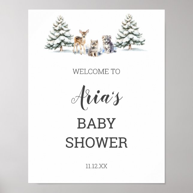 Välkomstskylt för vinter skogsdjur baby shower poster (Framsidan)