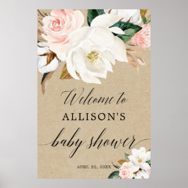 Välkomstskylt för , vit blommigt, babydusch poster