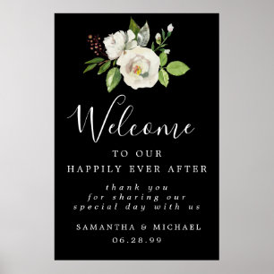 Välkomstskylt för vit ros Blommigt i Elegant bröll Poster