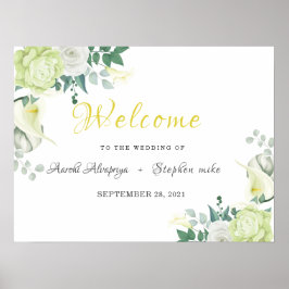 Välkomstskylt för vit ros Grönt och vit Blommigt Poster