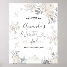 Välkomstskylt för vit snöflingor 1:a födelsedag poster