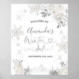 Välkomstskylt för vit snöflingor 1:a födelsedag poster