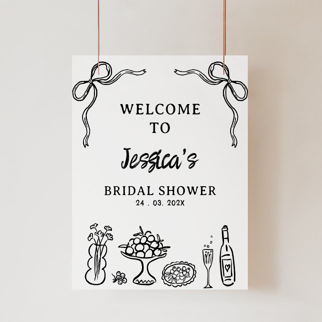 Välkomstskylt för vit svart ritad Möhippa Fototryck (Black Hand Drawn Whimsical Bridal Shower Welcome Sign Bow Food Drinks Black Illustration Bridal )