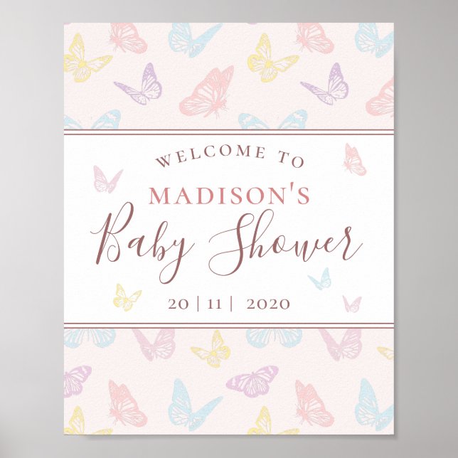 Välkomstskylt för Whimsique Rosa Butterfly Baby Sh Poster (Framsidan)