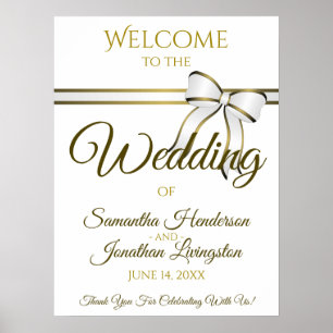 Välkomstskylt för White & Guld Ribbon Bröllop Poster