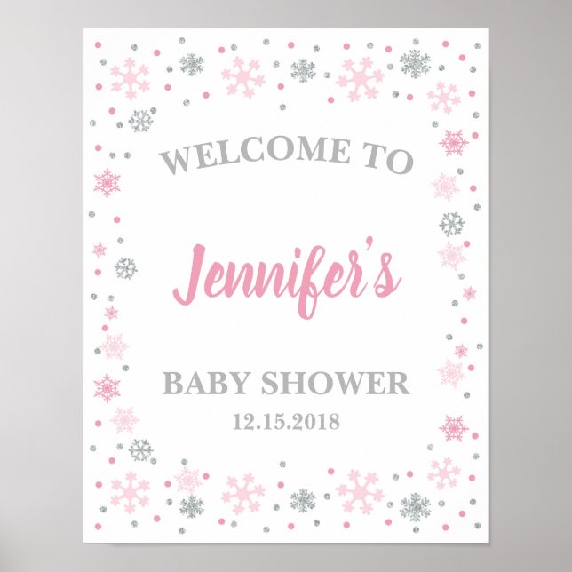 Välkomstskylt för Winter Baby Shower Rosa & Silver Poster (Framsidan)