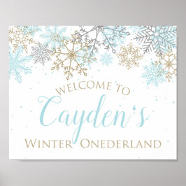 Välkomstskylt för Winter Onederland i blå och guld Poster