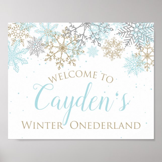 Välkomstskylt för Winter Onederland i blå och guld Poster (Framsidan)