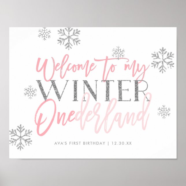 Välkomstskylt för Winter ONEderland Silver Glitter Poster (Framsidan)