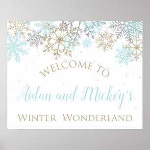 Välkomstskylt för Winter Wonderland Blue och Guld Poster