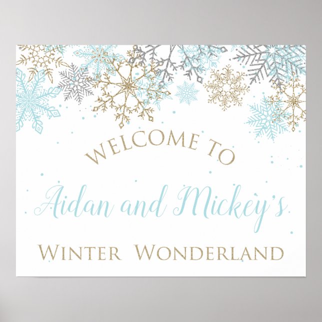 Välkomstskylt för Winter Wonderland Blue och Guld Poster (Framsidan)