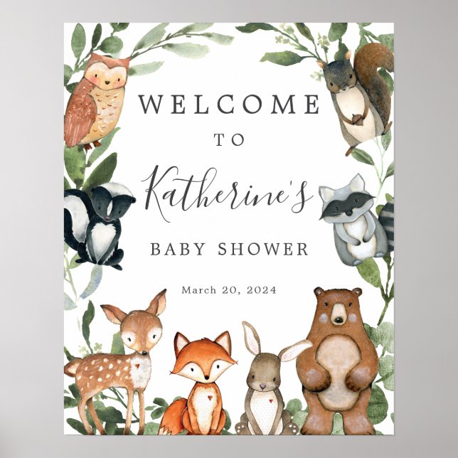Välkomstskylt för Woodland Animals Baby Shower Poster (Framsidan)