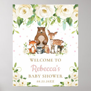 Välkomstskylt för Woodland Animals Blommigt Baby S Poster