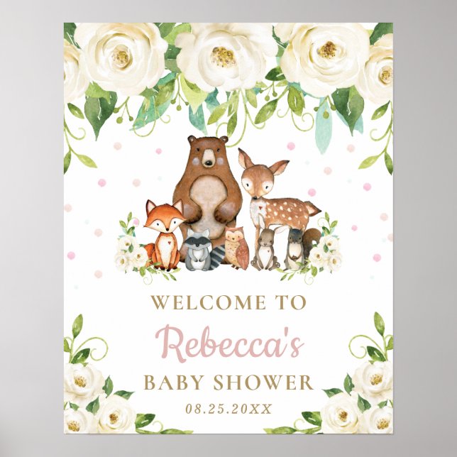 Välkomstskylt för Woodland Animals Blommigt Baby S Poster (Framsidan)