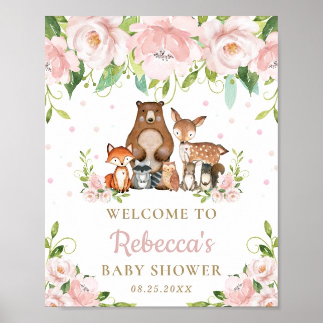 Välkomstskylt för Woodland Animals Blommigt Baby S Poster (Framsidan)
