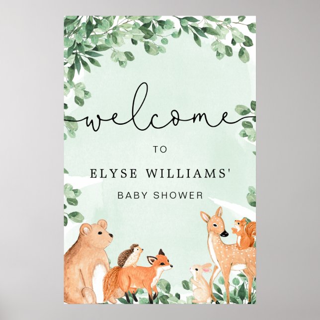 Välkomstskylt för Woodland Animals Grönt Poster (Framsidan)