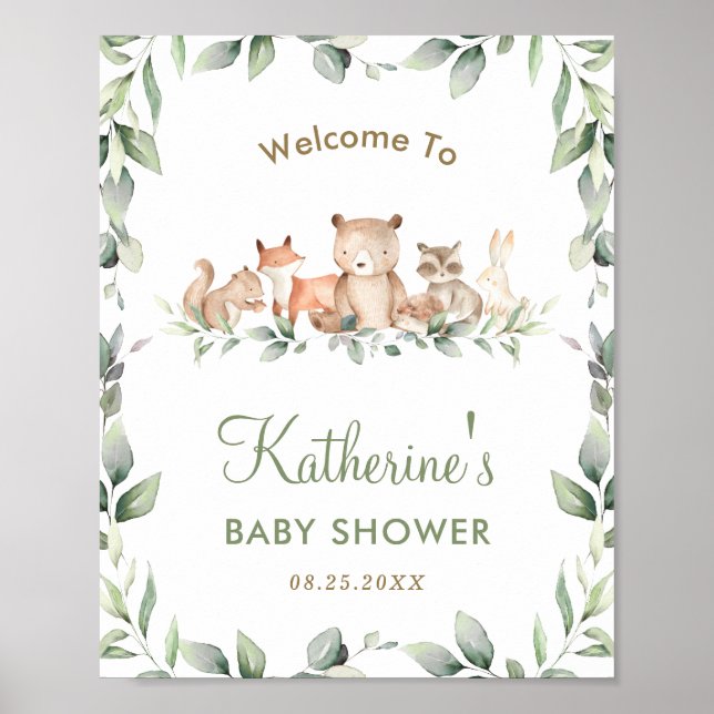 Välkomstskylt för Woodland Animy Greenery Baby Sho Poster (Framsidan)