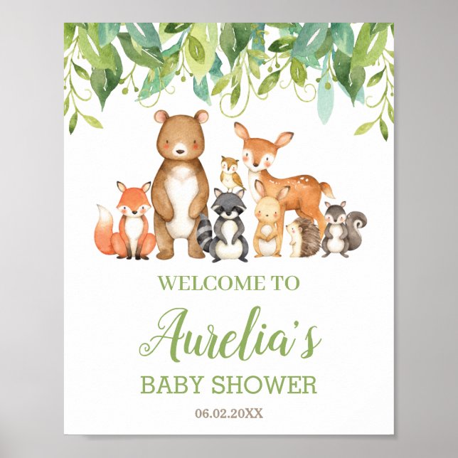 Välkomstskylt för Woodland Animy Greenery Baby Sho Poster (Framsidan)