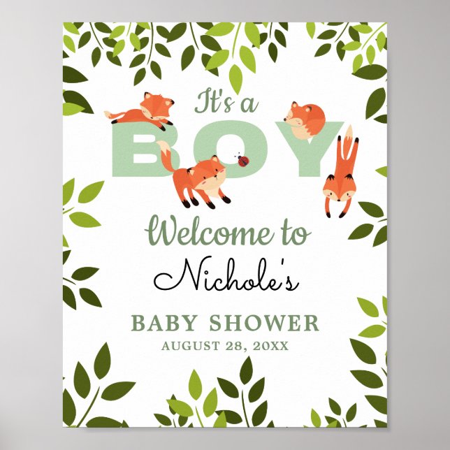 Välkomstskylt för Woodland Forest Fox Boy Shower Poster (Framsidan)