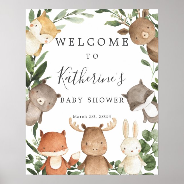 Välkomstskylt för Woodland Friends Baby Shower Poster (Framsidan)