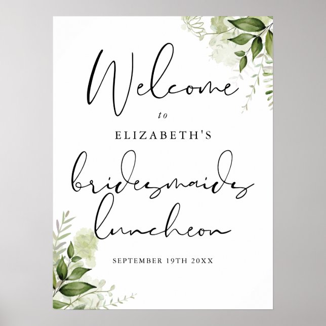 Välkomstskylt från Greenery Bridesmaids Luncheon Poster (Framsidan)