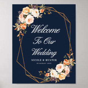 Välkomstskylt från höstens blommigt marinblått brö poster
