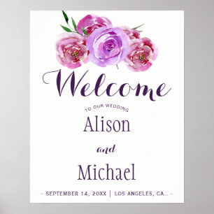 Välkomstskylt från Plum violet blommigt bouquet br Poster