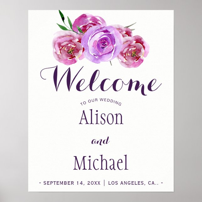 Välkomstskylt från Plum violet blommigt bouquet br Poster (Framsidan)