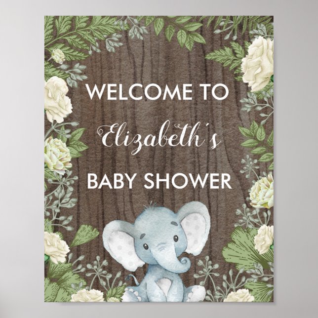 Välkomstskylt från Rustic Elephant Baby Shower Gre Poster (Framsidan)