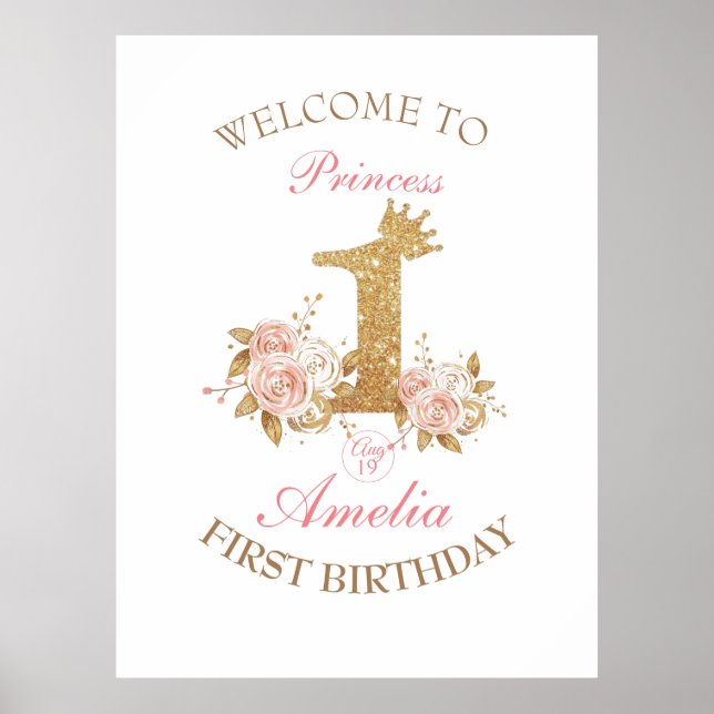 Välkomstskylt Golden Krona Princess 1:a födelsedag Poster (Framsidan)