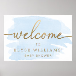 Välkomstskylt i blå akvarell och guld poster