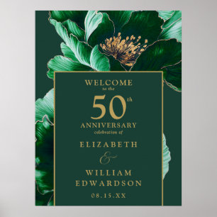 Välkomstskylt i grönt guld blommig 50-årsjubileum poster