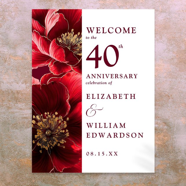 Välkomstskylt i rubinröd chic blomstil för 40-årsj poster (Ruby Red Chic Floral 40th Anniversary Welcome Sign)