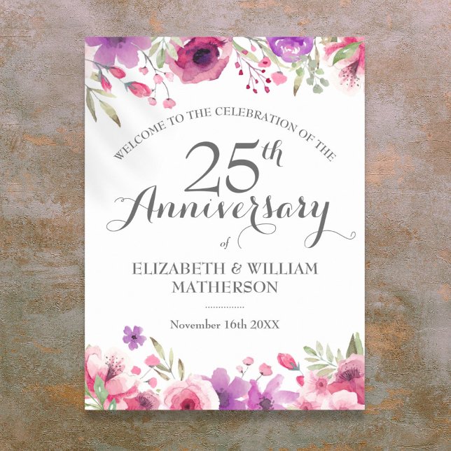 Välkomstskylt med akvarellrosor för 25-årsjubileum poster (25th Anniversary Watercolor Roses Welcome Sign)