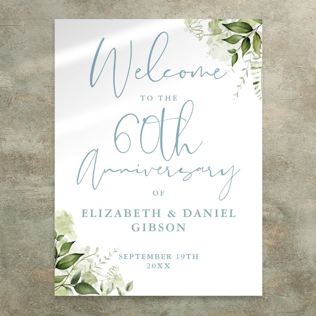 Välkomstskylt med grönska för 60-års bröllopsjubil poster (60th Wedding Anniversary Greenery Welcome Sign)