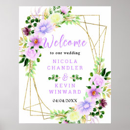 Välkomstskylt med lila vårblommor och lövverk poster