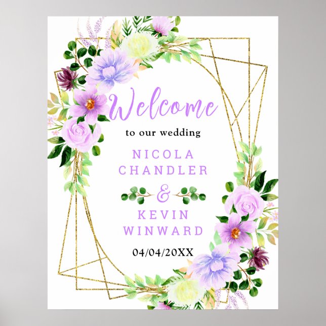Välkomstskylt med lila vårblommor och lövverk poster (Framsidan)