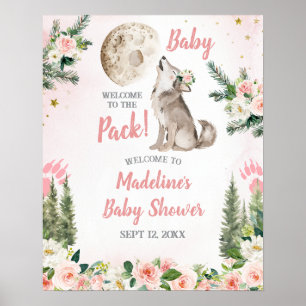 Välkomstskylt med rosa blommor och varg i månskoge poster