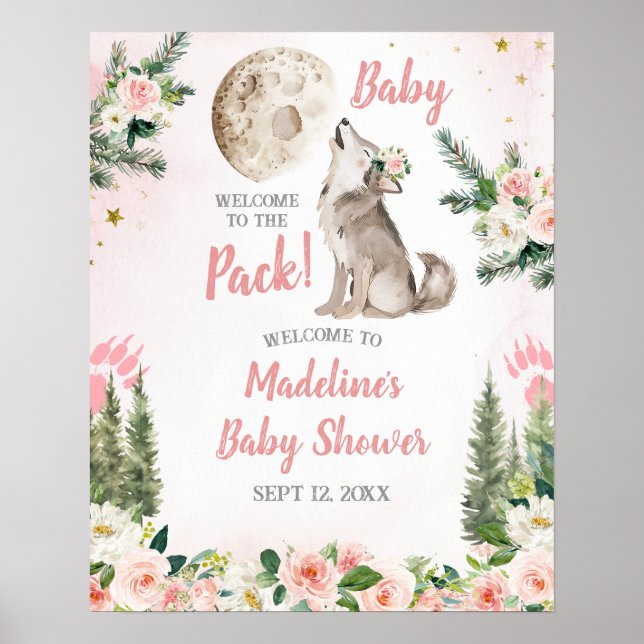 Välkomstskylt med rosa blommor och varg i månskoge poster (Framsidan)