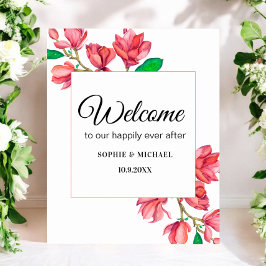 Välkomstskylt med rosa vita blommor för bröllop poster