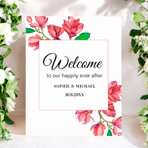 Välkomstskylt med rosa vita blommor för bröllop poster