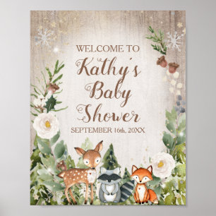 Välkomstskylt med vilda vinterdjur och vit blommig poster