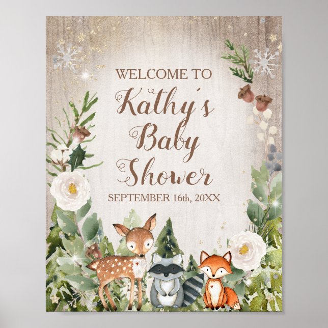 Välkomstskylt med vilda vinterdjur och vit blommig poster (Framsidan)