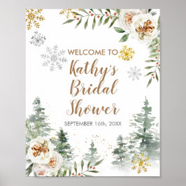 Välkomstskylt med vita vinterblommor och tallar poster